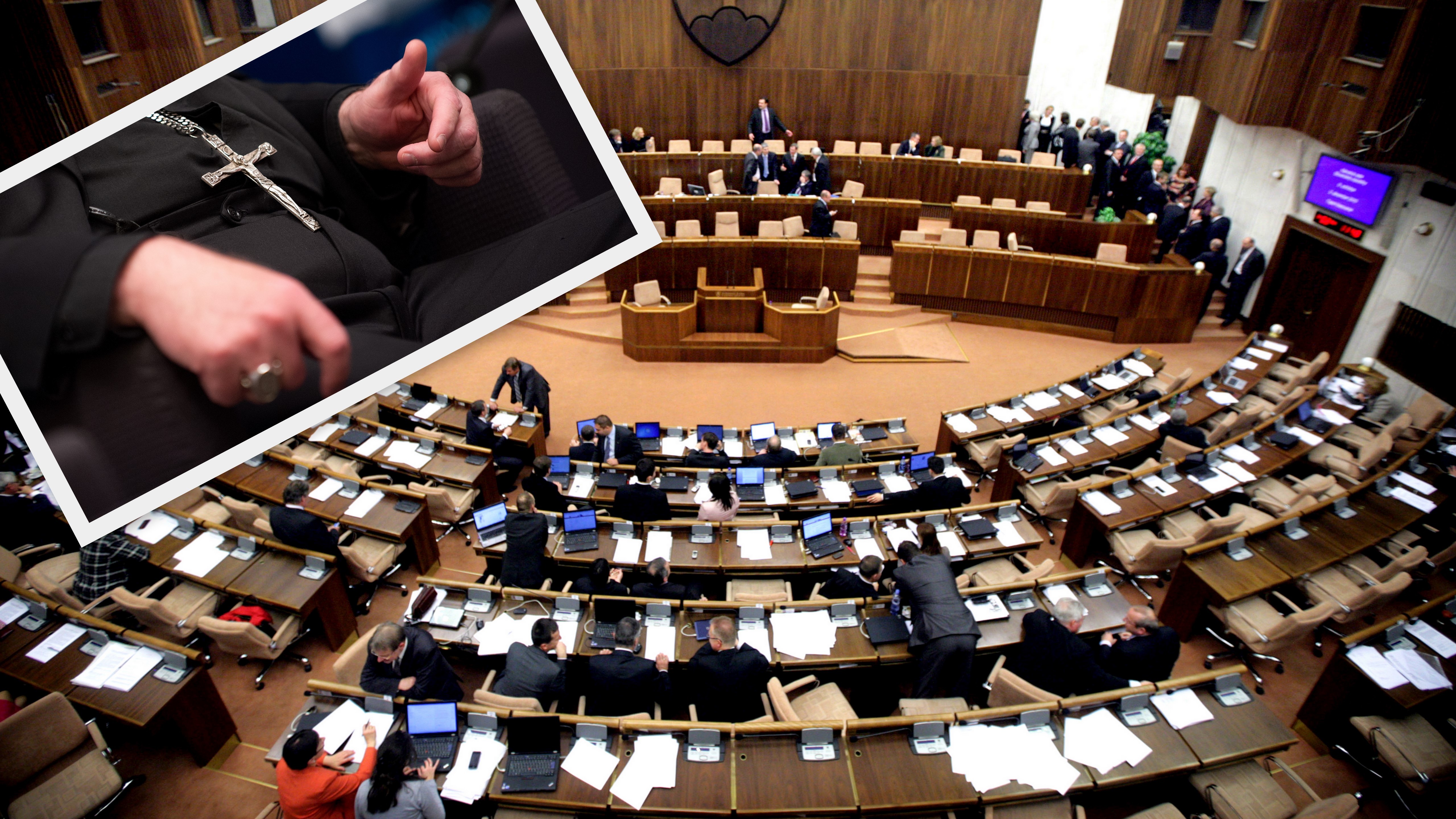 Parlament_poslanci_kňaz_kríž_modlenie_NR SR_koláž